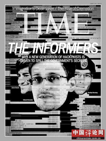 揭发美国秘密监控全球网络活动“棱镜”的斯诺登，与其他两名因网络泄密而被监禁和判刑的青年上了美国最新一期《时代》周刊的封面。